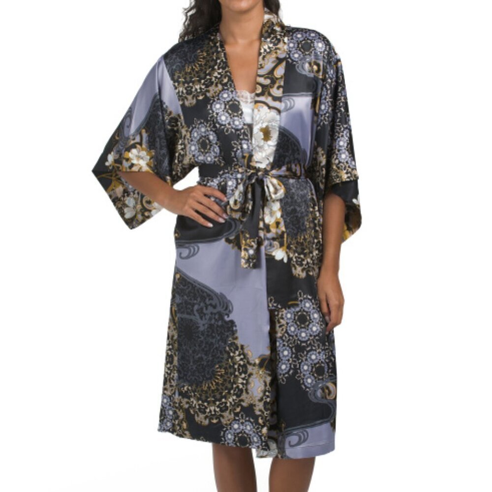 Nwt $185 Natori Imperial Lotus Floral Satin Robe Gray Boho Luxe Lounge Gift Med